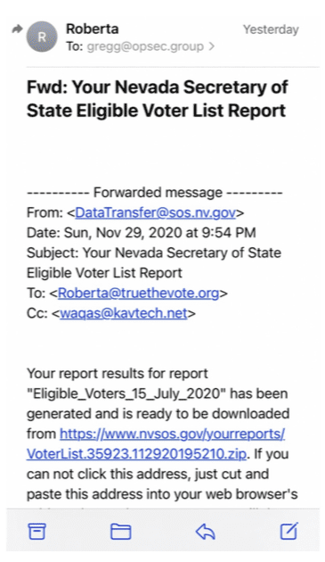 Eligible Voters data dump confirmation email for download from the Secretary of State of Nevada.